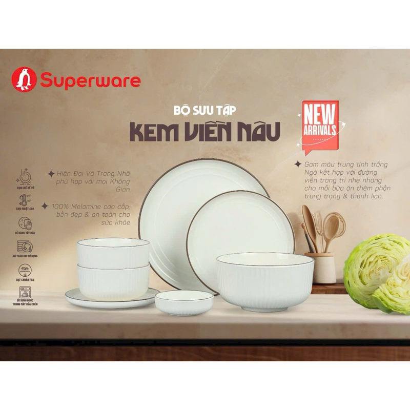 Tô, chén, dĩa nhựa melamine màu kem viền nâu Supperware Thái Lan cao cấp sang trọng