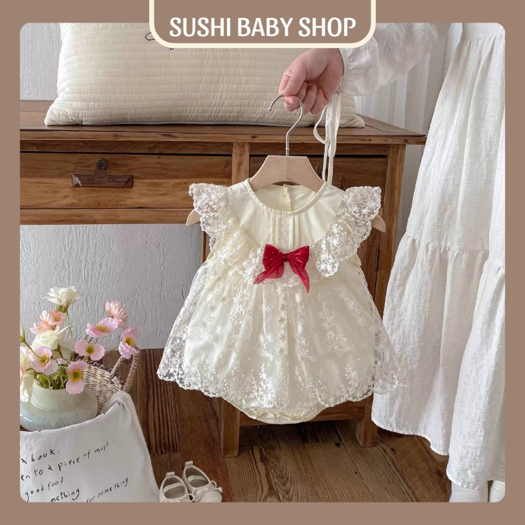 Váy công chúa cho bé gái SUSHI BABY SHOP bodysuit liền thân sơ sinh phối ren đính nơ đỏ đầm đầy thán