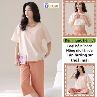 Bộ Mặc Nhà Nữ Có Đệm Ngực Đồ Ngủ Quần Lửng Áo Cộc Vải Cotton Mềm Mại Thoáng Mát YOLUMI
