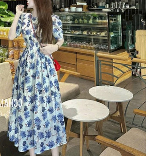 Đầm thời trang nữ mặc dự tiệc sang chảnh chất lụa hoa cổ tròn tay ngắn phồng vai váy xoè ôm eo dài maxi