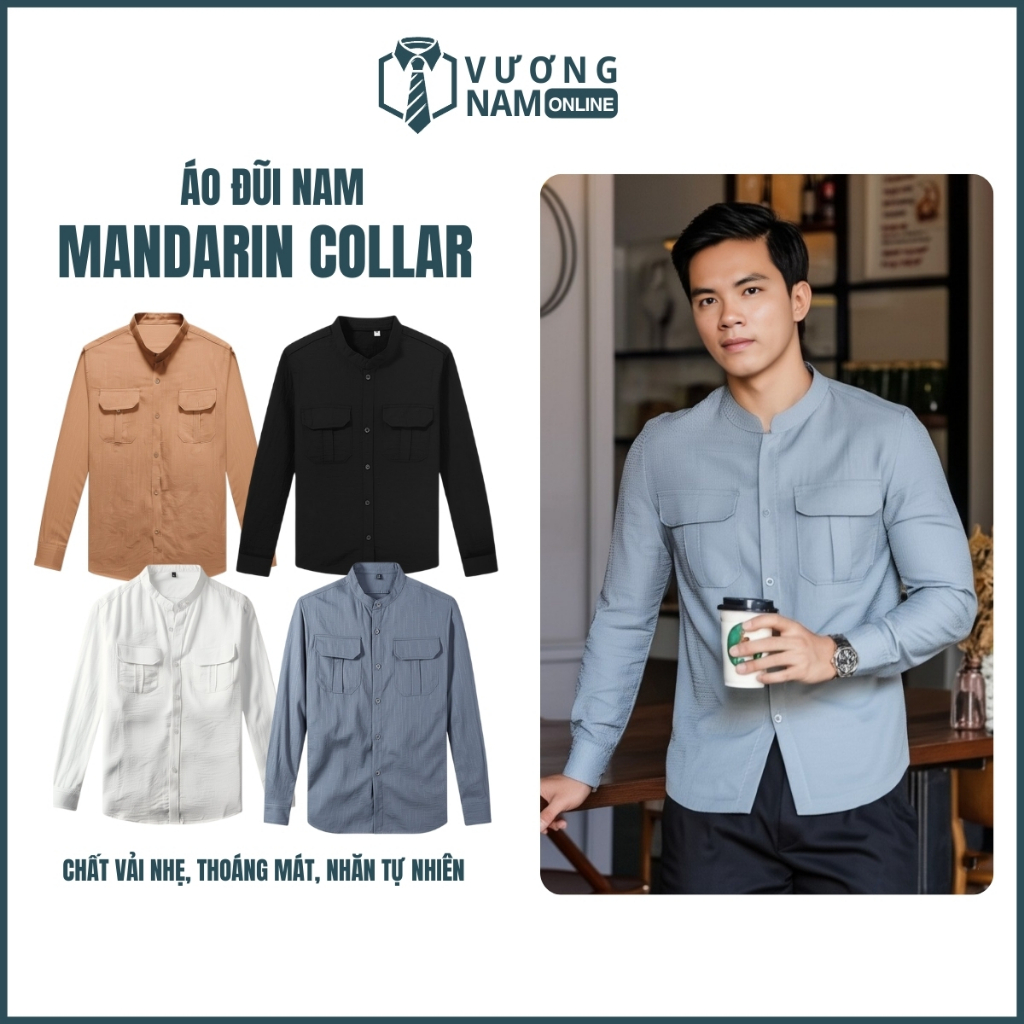 Áo sơ mi nam cổ tàu chất đũi tay dài 2 TÚI form rộng VNO121