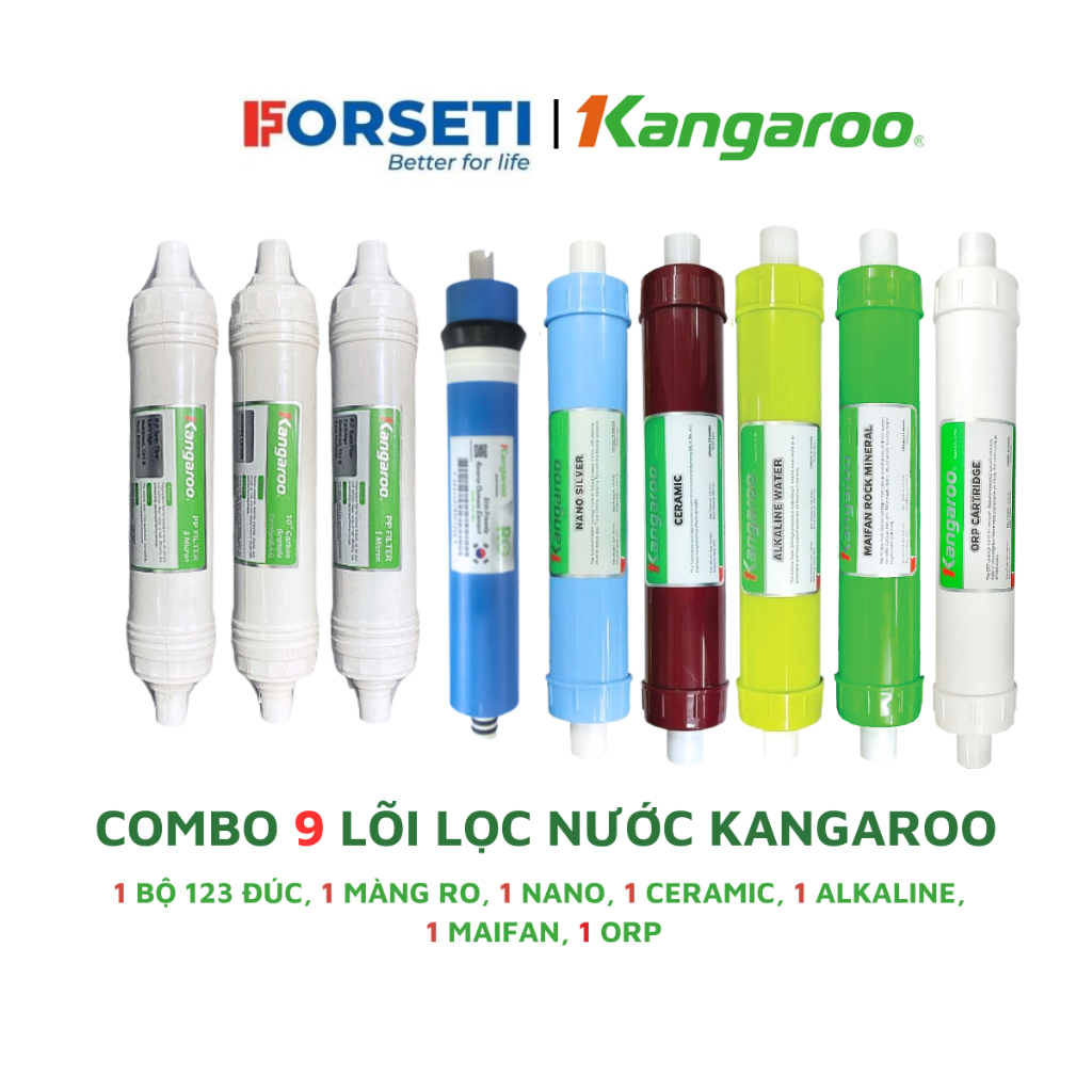 Combo 9 lõi lọc nước Kangaroo gồm lõi 123 cắm nhanh, RO 50GPD, 5 lõi khoáng Kangaroo dùng cho máy KG