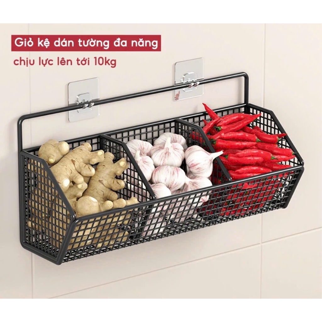 Kệ Ngiêng 3 Khay Đựng Hành Tỏi Ớt, Gia Vị Dán Tường Kèm miếng dán
