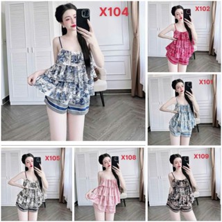 Bộ đồ ngủ Pyjama X1 mặc ở nhà, áo 2 dây xếp li 3 tầng vải lụa latin