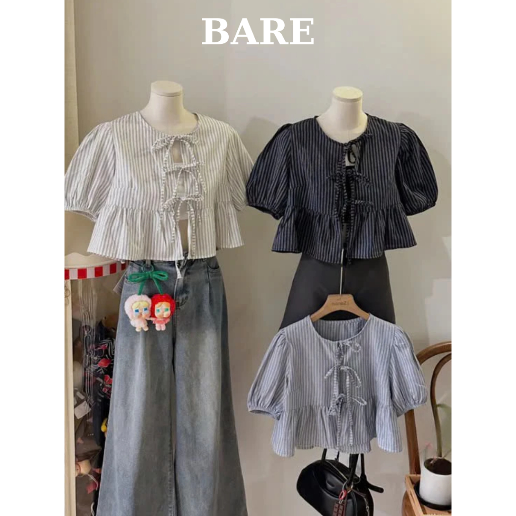 BARE_(Tặng kèm áo 2 dây) Áo Babydoll Kẻ Buộc Nơ Tay Phồng, Áo Kiểu Nữ Tay Bồng Kèm Áo 2 Dây_A523