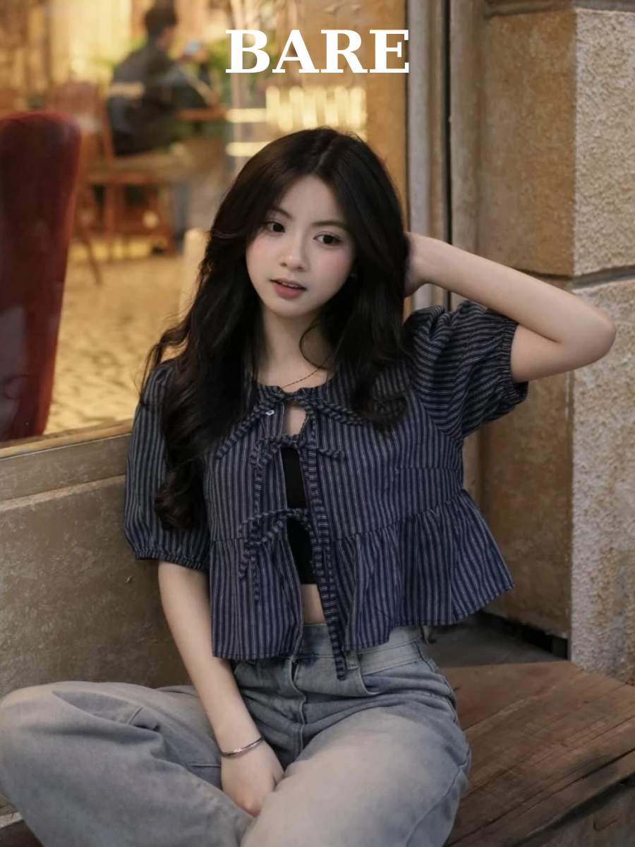 (Tặng lót quây) Áo Babydoll Kẻ Buộc Nơ Tay Phồng, Áo Kiểu Nữ Tay Bồng Kèm Áo quây MH3