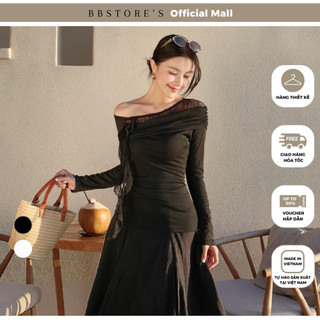    BBSTORE'S  Áo kiểu vai lệch kết hoa vải form tay dài ôm vừa chất thun giấy - A4333B 