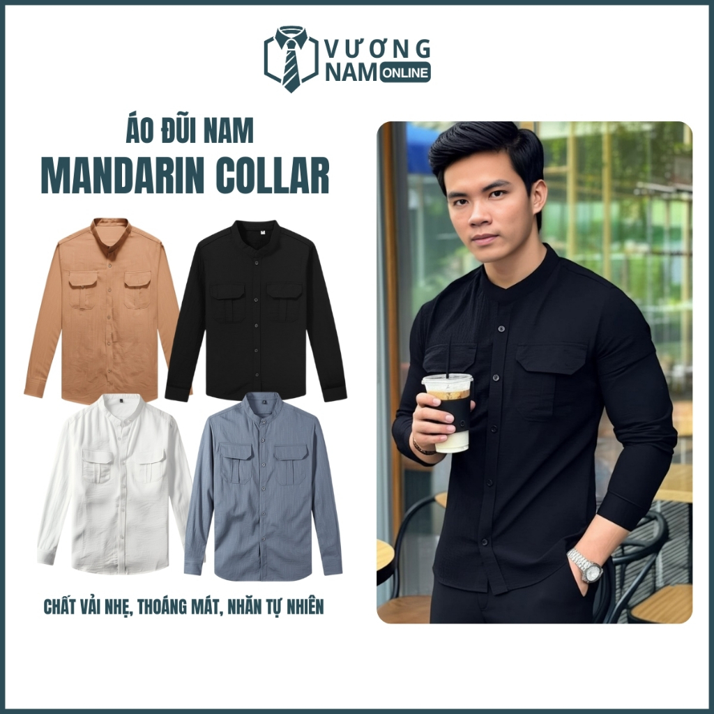 Áo sơ mi đũi cổ tàu nam tay dài 2 TÚI form rộng VNO121