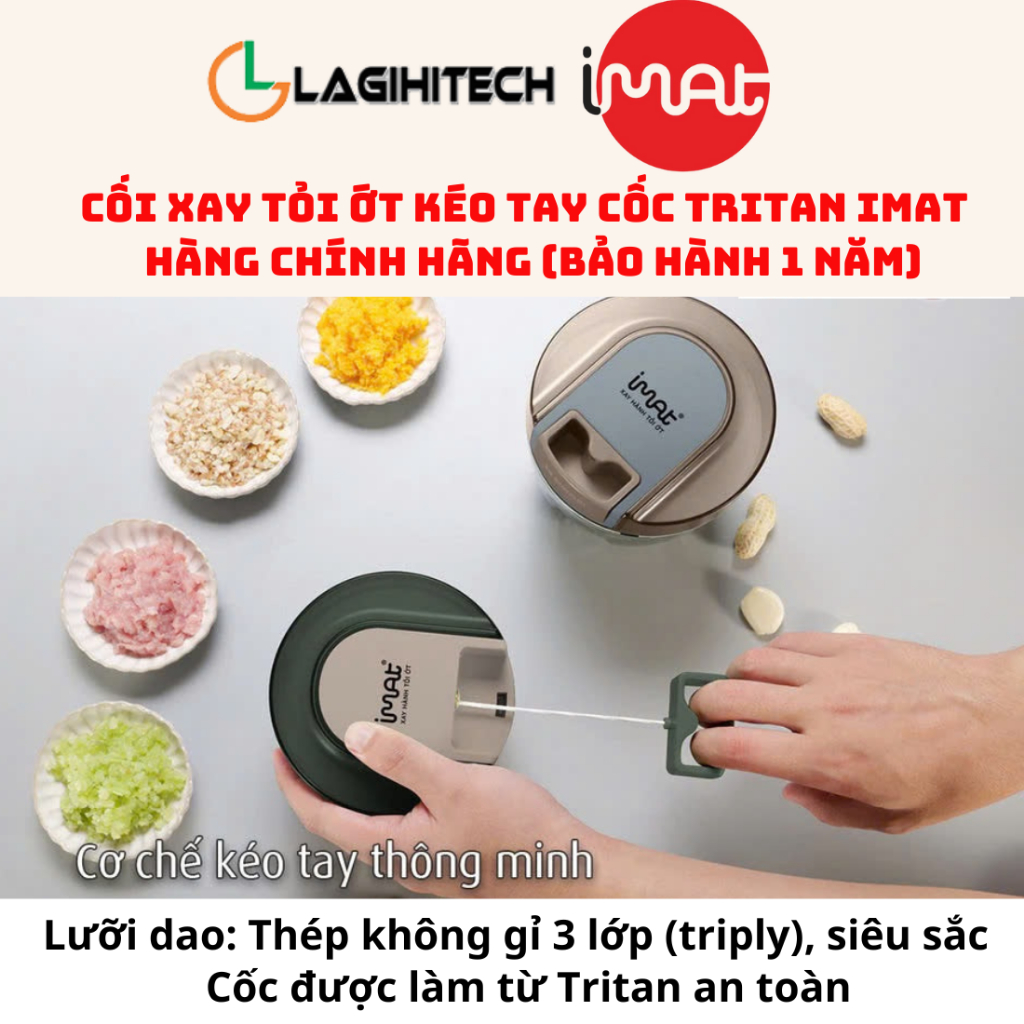 Cối xay tỏi ớt kéo tay iMat, Lưỡi dao thép không gỉ triply siêu sắc 400ml - Hàng Chính Hãng - Bảo hà