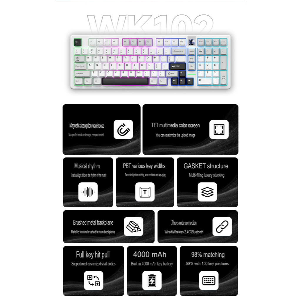 Bàn phím cơ không dây fullsize Weikav WK102 - 3 mode kết nối - Led RGB - Màn hình TFT | BigBuy360 - bigbuy360.vn