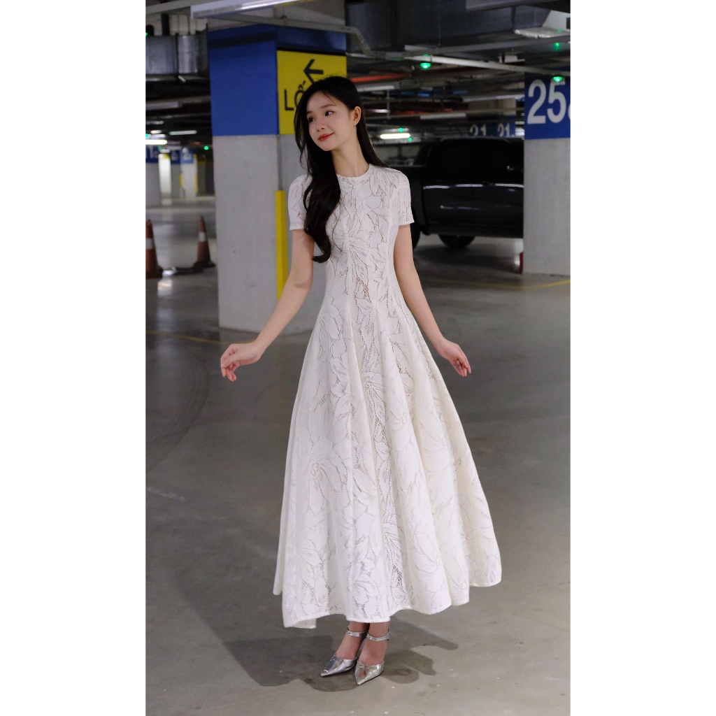 Váy Cotton Ren Nữ Dáng Xòe 2 Lớp, Cổ Tròn, Thanh Lịch Và Quyến Rũ-Mio Lady