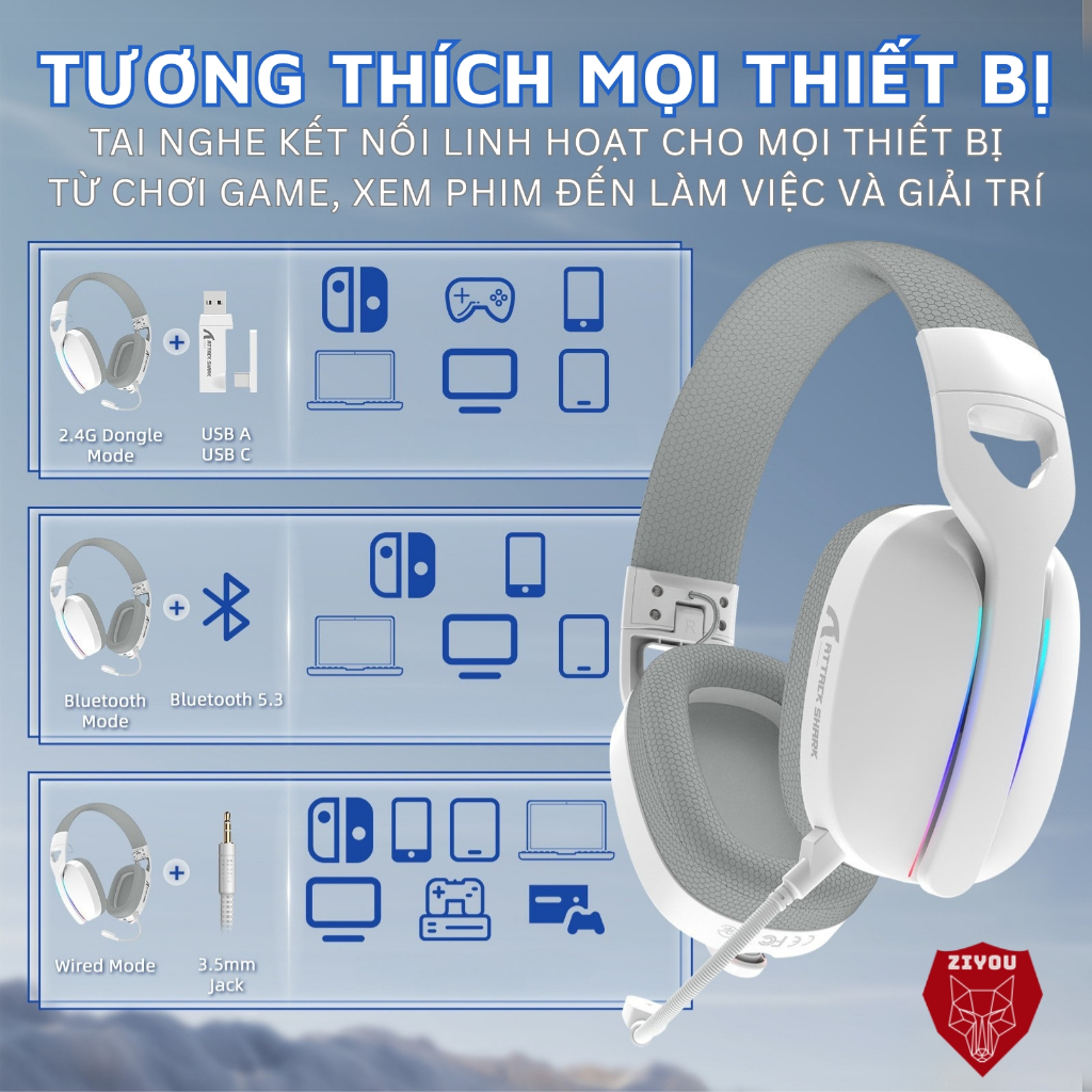 Tai Nghe Gaming Headphone Không Dây Ziyou Attack Shark L90 Bluetooth 5.3, Âm Thanh Vòm 7.1, LED RGB | BigBuy360 - bigbuy360.vn