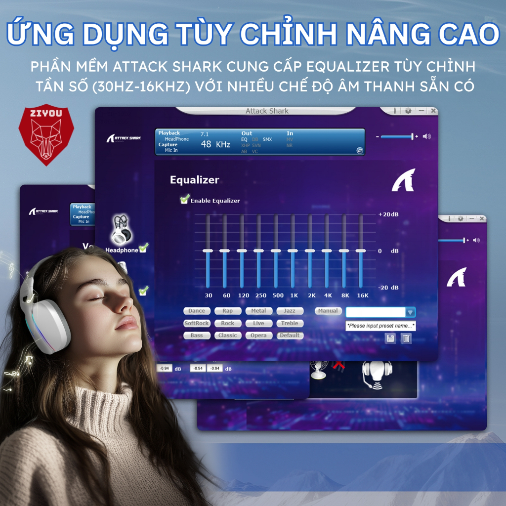 Tai Nghe Gaming Headphone Không Dây Ziyou Attack Shark L90 Bluetooth 5.3, Âm Thanh Vòm 7.1, LED RGB | BigBuy360 - bigbuy360.vn