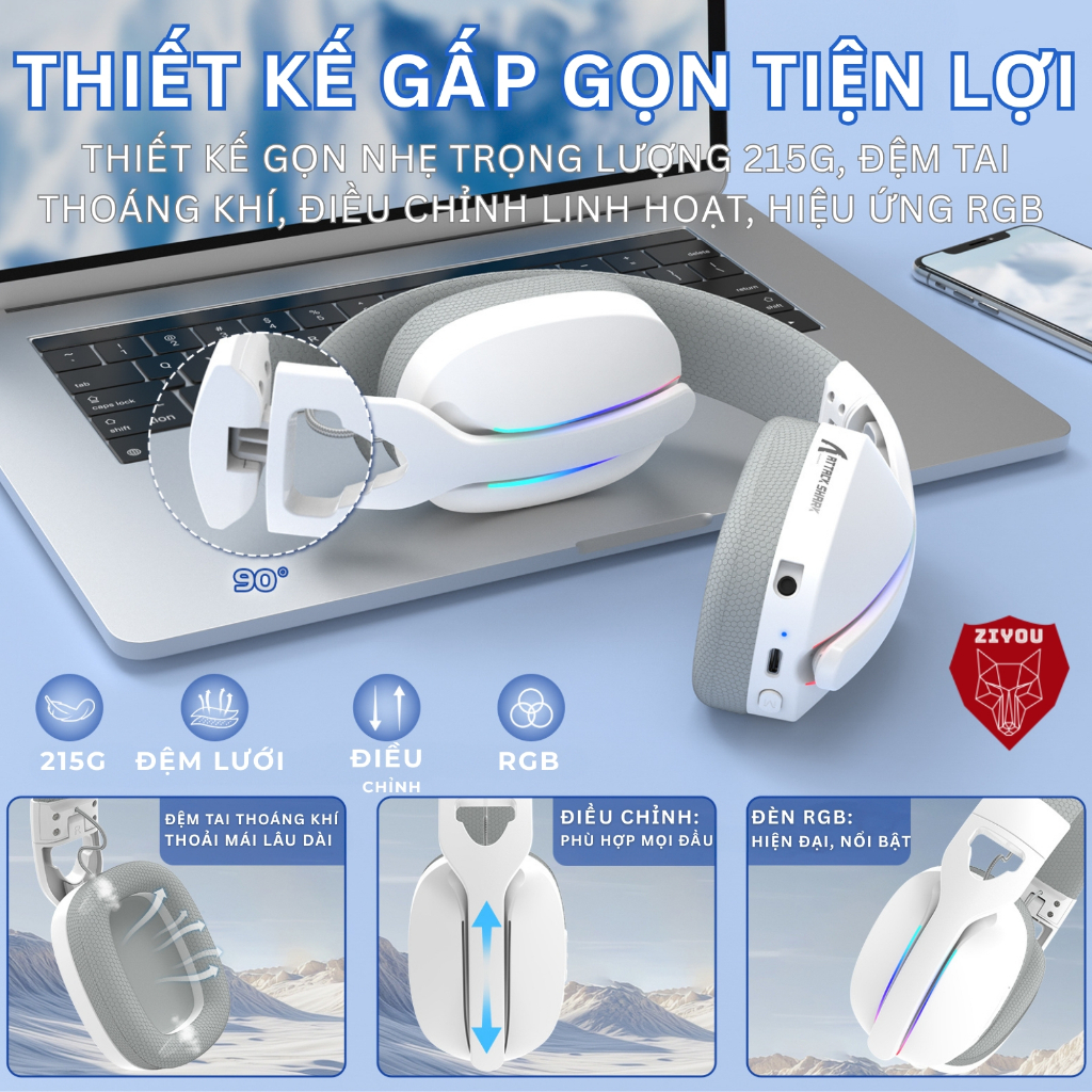 Tai Nghe Gaming Headphone Không Dây Ziyou Attack Shark L90 Bluetooth 5.3, Âm Thanh Vòm 7.1, LED RGB | BigBuy360 - bigbuy360.vn