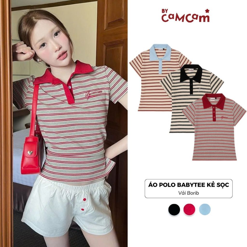 Áo Polo Kẻ Sọc BabyTee Bycamcam Họa Tiết Thêu Thiết Kế Tôn Dáng Cho Nữ APN013