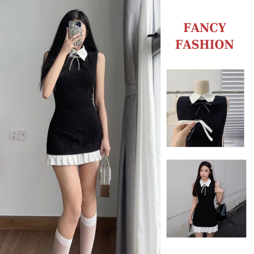 Váy Tuyết Mưa Cổ Sơmi Trắng Phối Chân Xếp Ly Kèm 2 Nơ Sang Chảnh (V19)