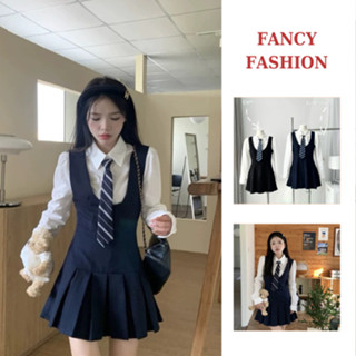 Set Áo Sơmi Trắng Kèm Cavat Rời Mix Yếm Tuyết Mưa Xếp Ly Dày Dặn 2 Màu (V41)