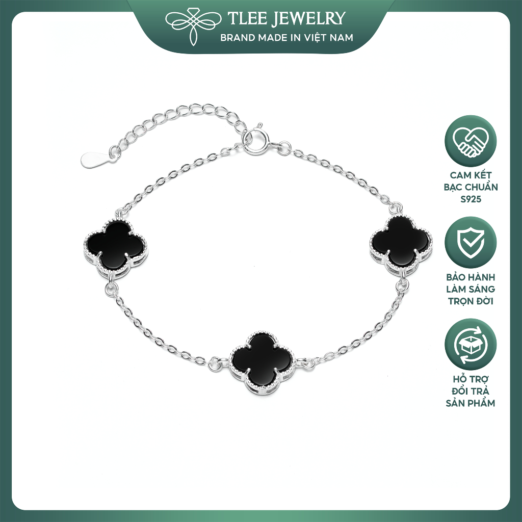 Lắc tay bạc nữ TLEE treo ba mặt cỏ bốn lá đá mã não đen tự nhiên sang trọng TLEE JEWELRY LT0369