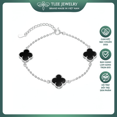 Lắc tay bạc nữ TLEE treo ba mặt cỏ bốn lá đá mã não đen tự nhiên sang trọng TLEE JEWELRY LT0369