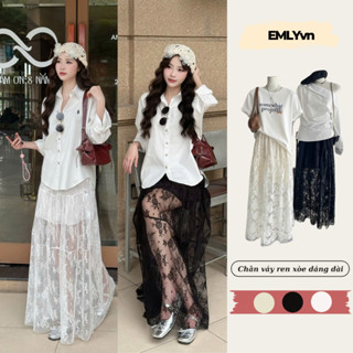 EMLYvn - Váy Ren Hoa Dáng Dài Maxi Chân Váy Ren Tầng, Chân Váy Ren Hoa Tiểu Thư Hàn Quốc