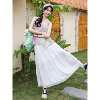  Chân váy dài chân váy xoè A 3 tầng phối ren lai hàng QC có lót lưng chun màu trắng kem đen hồng pc Hàn Quốc - RUBY 