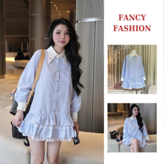 Váy Sơmi Kẻ Babydoll Cổ Đá Phối Chân Bèo Tầng Pha Ren Siêu Xinh (V48)