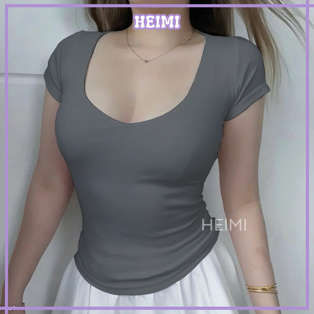 Áo Thun Cổ Tim Không Viền May Form Ôm HEIMI, Áo Body Chiết Eo Tôn Dáng Chất Thun Cotton Mềm Mịn Co Giãn | BigBuy360 - bigbuy360.vn