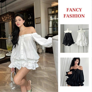 Váy Trễ Vai Tay Dài Đan Dây Kèm Quần Đùi Rời 2 Màu Form Bồng Xoè (V55)