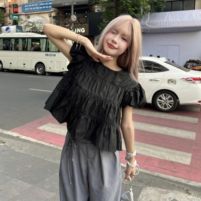 Áo BaByDoll Cổ Tròn UNI TOP Bun222 Cổ Tròn Tay Phồng Nữ Tính Dễ Phối Đồ | BigBuy360 - bigbuy360.vn