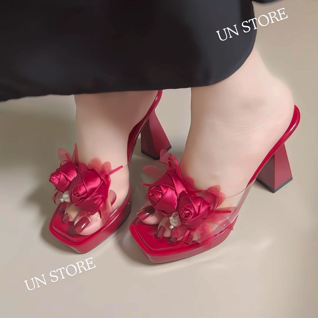 Giày cao gót nữ mũi vuông quai mica gắn hoa hồng cao 10 phân sang trọng USD062 Un Store
