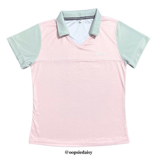   Form Nữ ôm  Áo polo Kawasaki hồng pastel tay xám ánh xanh rêu logo ánh bạc 