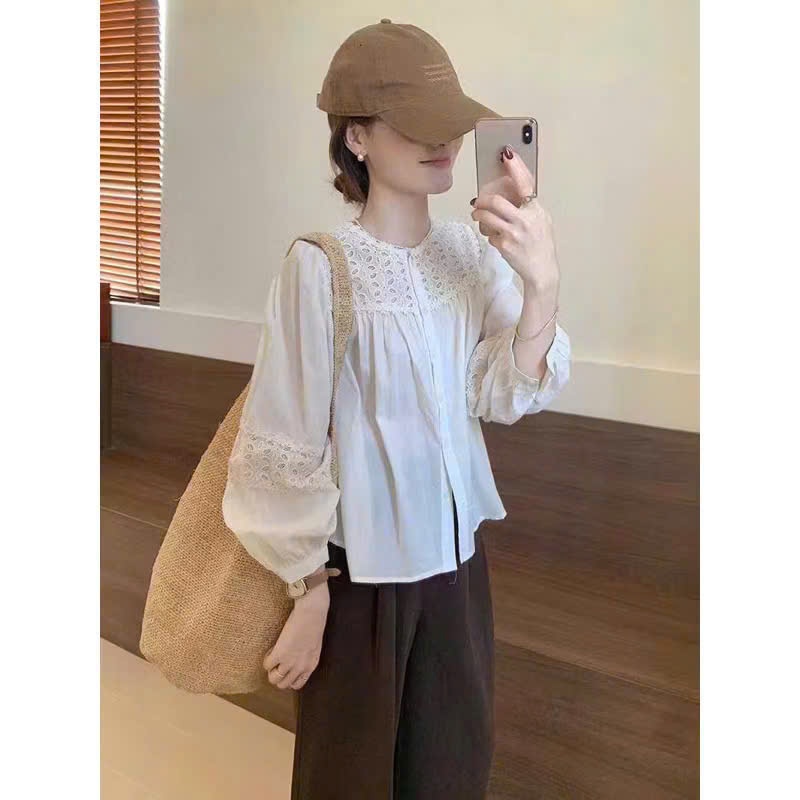 Áo Babydoll Cổ Tròn Đục Lỗ Quanh Cổ Chạy Viền Tay Dài, Áo Sơ Mi Thô Boi Phối Ren Hoa From Rộng | BigBuy360 - bigbuy360.vn