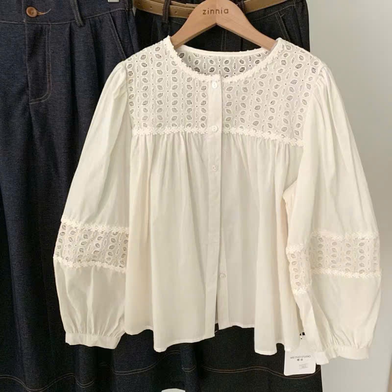 Áo Babydoll Cổ Tròn Đục Lỗ Quanh Cổ Chạy Viền Tay Dài, Áo Sơ Mi Thô Boi Phối Ren Hoa From Rộng | BigBuy360 - bigbuy360.vn