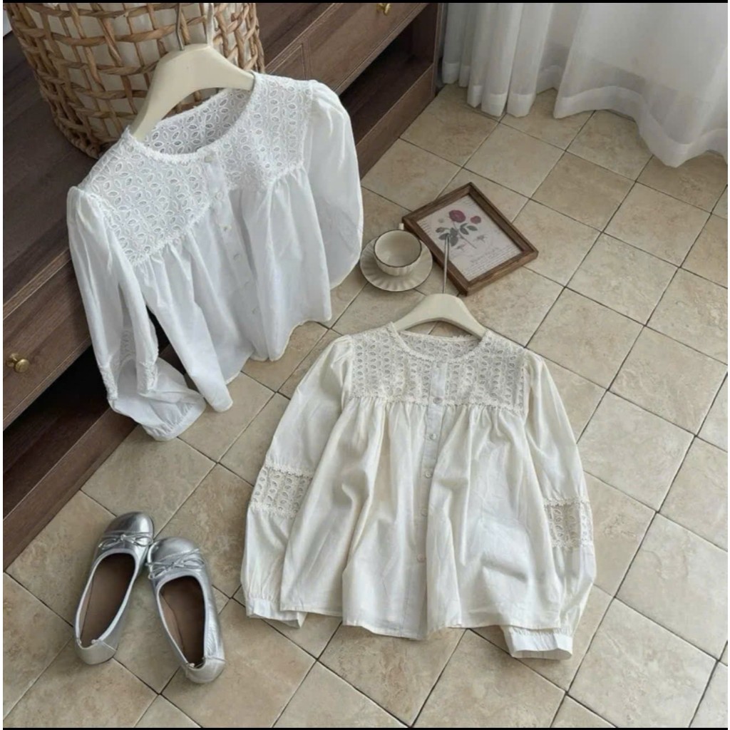 Áo Babydoll Cổ Tròn Đục Lỗ Quanh Cổ Chạy Viền Tay Dài, Áo Sơ Mi Thô Boi Phối Ren Hoa From Rộng | BigBuy360 - bigbuy360.vn