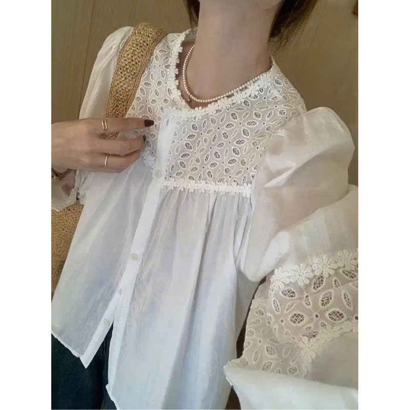 Áo Babydoll Cổ Tròn Đục Lỗ Quanh Cổ Chạy Viền Tay Dài, Áo Sơ Mi Thô Boi Phối Ren Hoa From Rộng | BigBuy360 - bigbuy360.vn