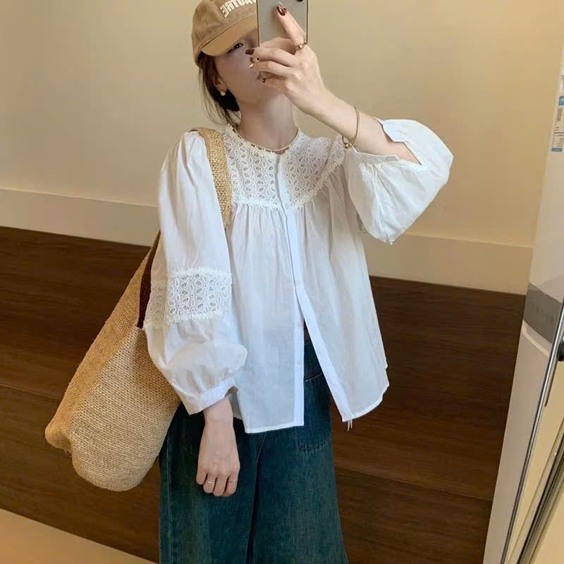 Áo Babydoll Cổ Tròn Đục Lỗ Quanh Cổ Chạy Viền Tay Dài, Áo Sơ Mi Thô Boi Phối Ren Hoa From Rộng | BigBuy360 - bigbuy360.vn