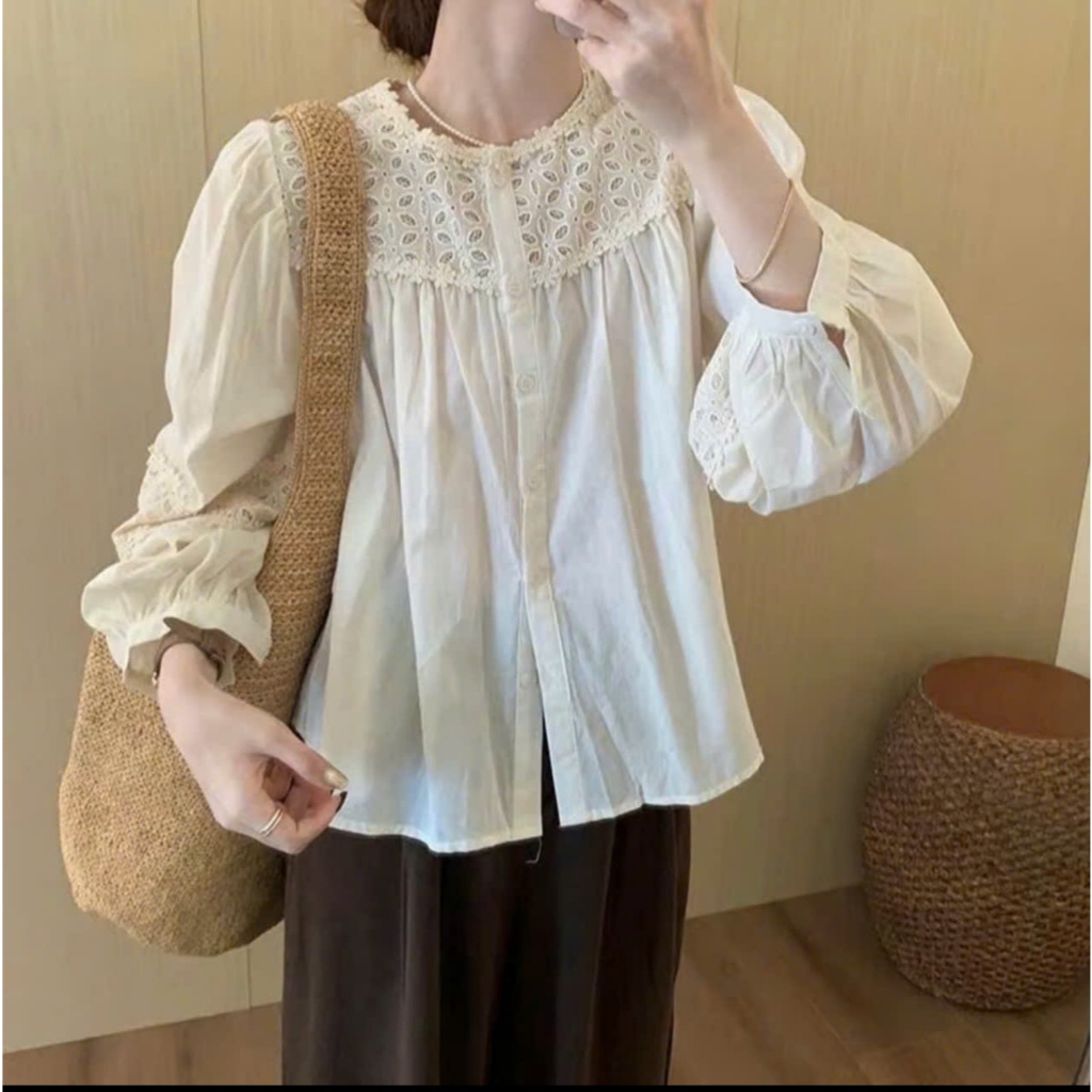 Áo Babydoll Cổ Tròn Đục Lỗ Quanh Cổ Chạy Viền Tay Dài, Áo Sơ Mi Thô Boi Phối Ren Hoa From Rộng | BigBuy360 - bigbuy360.vn