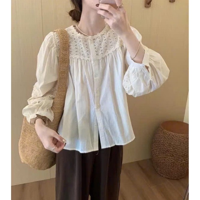 Áo Babydoll Cổ Tròn Đục Lỗ Quanh Cổ Chạy Viền Tay Dài, Áo Sơ Mi Thô Boi Phối Ren Hoa From Rộng | BigBuy360 - bigbuy360.vn