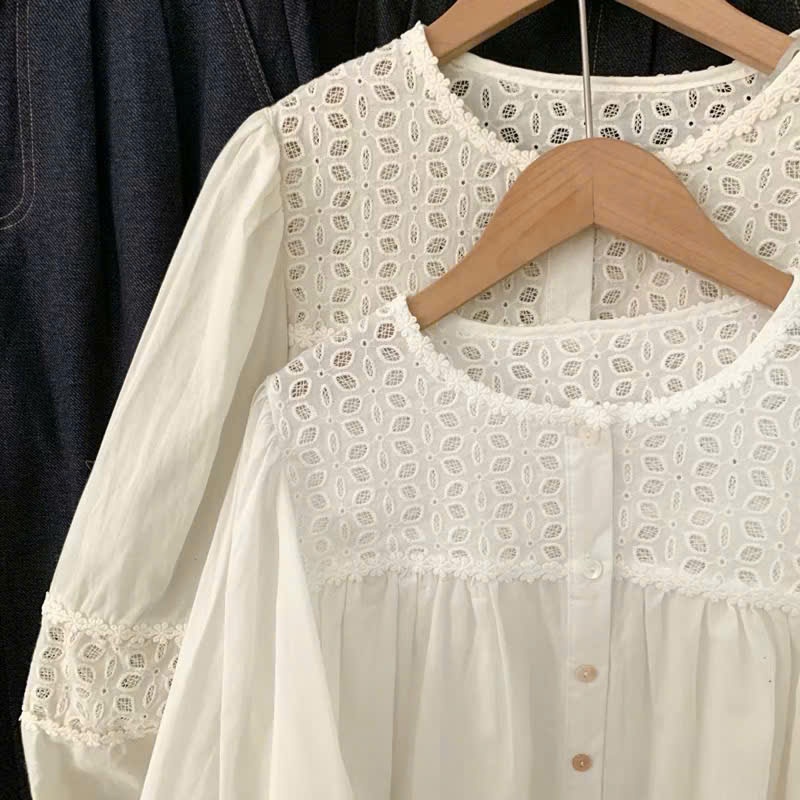 Áo Babydoll Cổ Tròn Đục Lỗ Quanh Cổ Chạy Viền Tay Dài, Áo Sơ Mi Thô Boi Phối Ren Hoa From Rộng | BigBuy360 - bigbuy360.vn