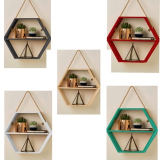 Kệ gỗ treo tường dây thừng hình lục giác 2 ngăn nhiều màu - decor trang trí giá tại xưởng 