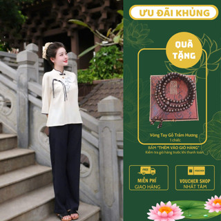 Ms53 Bộ pháp phục lễ chùa nữ vải đũi thêu quạt đính đá, Set đồ phật tử, Bộ quần áo Pháp phục