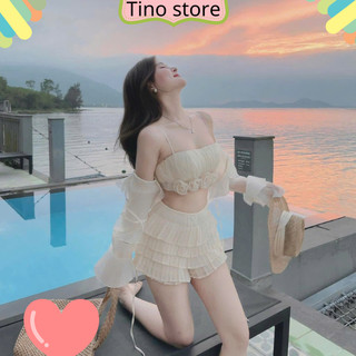 Sét bikini 3 món quần đũi đũi mix với áo 2 dây đính hoa kèn áo khoác ngoài cho các nàng