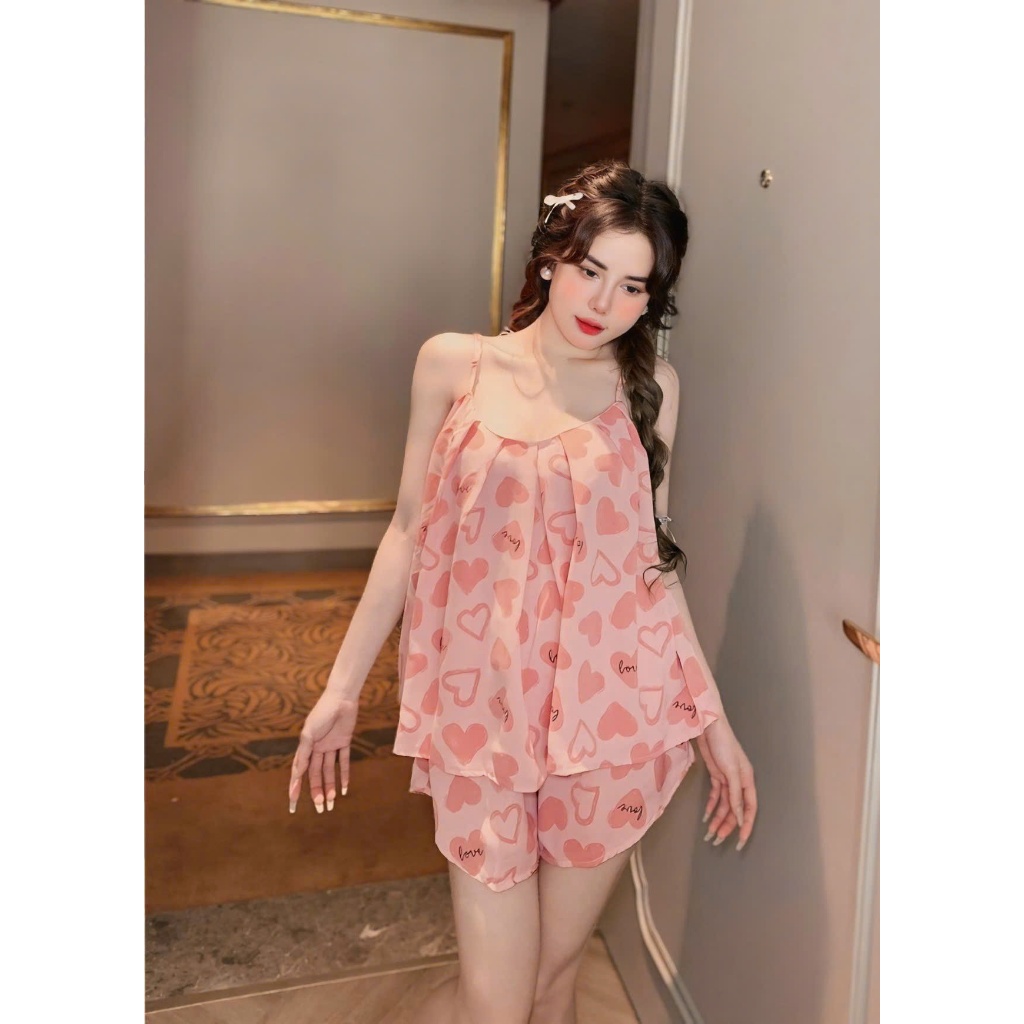 Bộ pijama mặc cho nữ,áo dây sexy ,Đồ bộ mặc nhà,sét bộ pijama mặc nhà TIM HỒNG