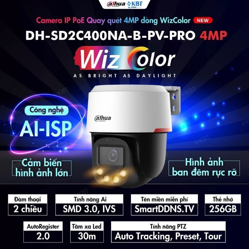 Camera Dahua WizColor SD2C400NA-B-PV-PRO xoay 360 độ, 4MP hồng ngoại 30m, đèn còi, đàm thoại ban đêm