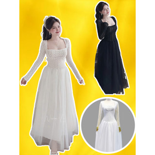 Đầm Váy trắng sang chảnh ren phối lướicổ vuông tay dài diềm ngực 45-65KGbigsize dự tiệc cưới cao cấp PONY
