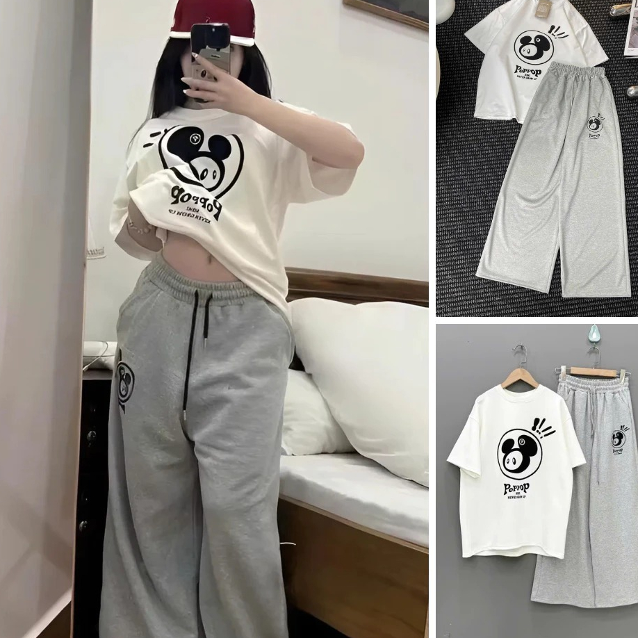 Sét đồ nam nữ Unisex ,bộ đồ ngắn tay áo thun form rộng in hoạ tiết Poppop kèm quần ống rộng chất cotton thoáng mát | BigBuy360 - bigbuy360.vn