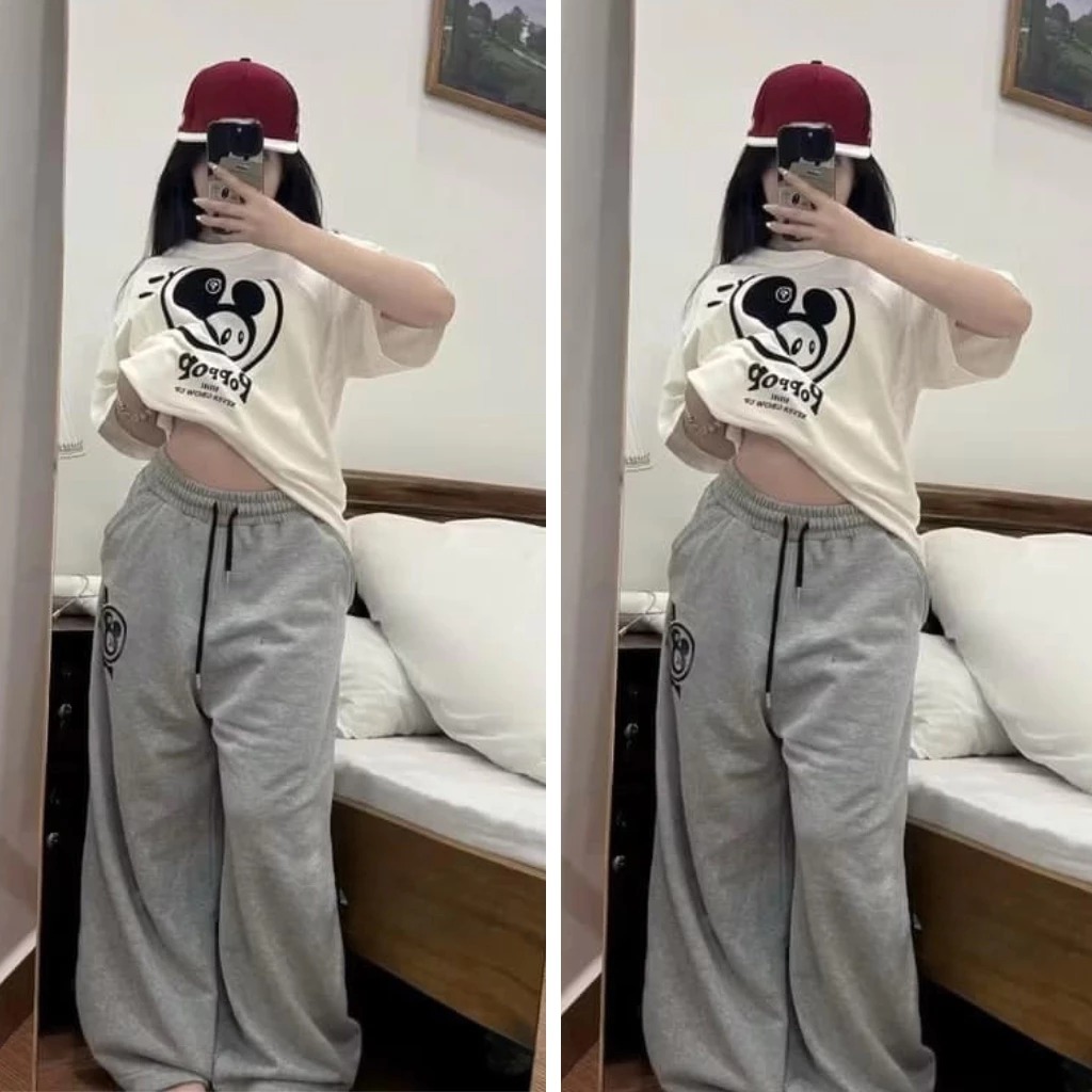 Sét đồ nam nữ Unisex ,bộ đồ ngắn tay áo thun form rộng in hoạ tiết Poppop kèm quần ống rộng chất cotton thoáng mát | BigBuy360 - bigbuy360.vn