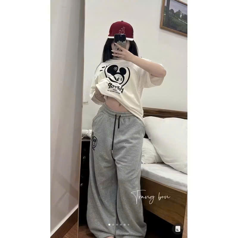 Sét đồ nam nữ Unisex ,bộ đồ ngắn tay áo thun form rộng in hoạ tiết Poppop kèm quần ống rộng chất cotton thoáng mát | BigBuy360 - bigbuy360.vn