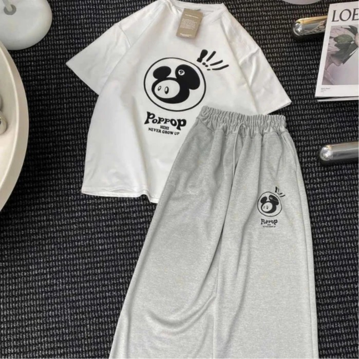 Sét đồ nam nữ Unisex ,bộ đồ ngắn tay áo thun form rộng in hoạ tiết Poppop kèm quần ống rộng chất cotton thoáng mát | BigBuy360 - bigbuy360.vn