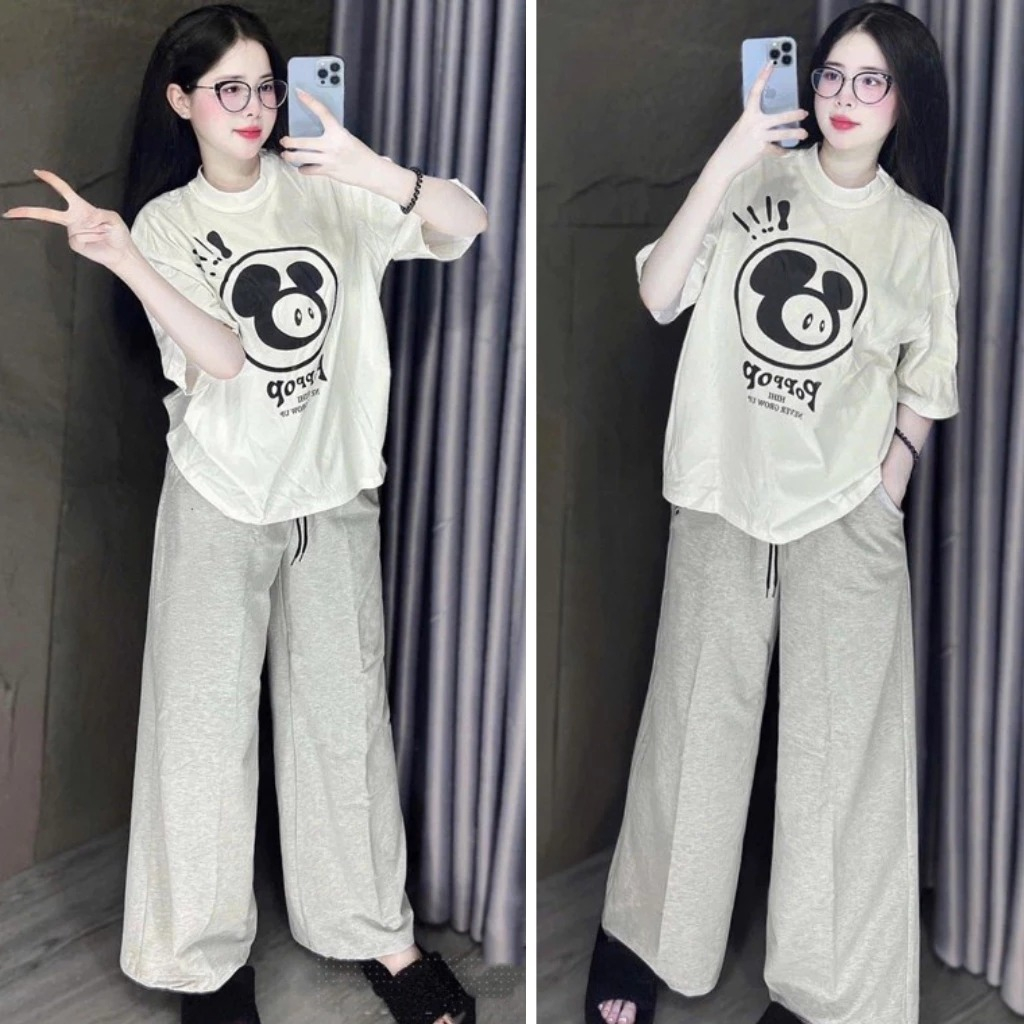 Sét đồ nam nữ Unisex ,bộ đồ ngắn tay áo thun form rộng in hoạ tiết Poppop kèm quần ống rộng chất cotton thoáng mát | BigBuy360 - bigbuy360.vn